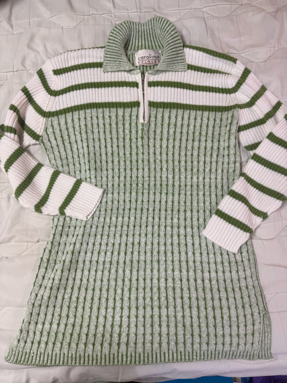 Small Carolina Colours Green & White Ribbed Quarter-Zip Sweater